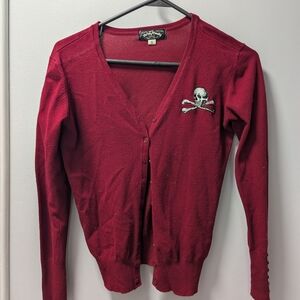 Lucky Brand Burgundy Skull Embroidered Cardigan